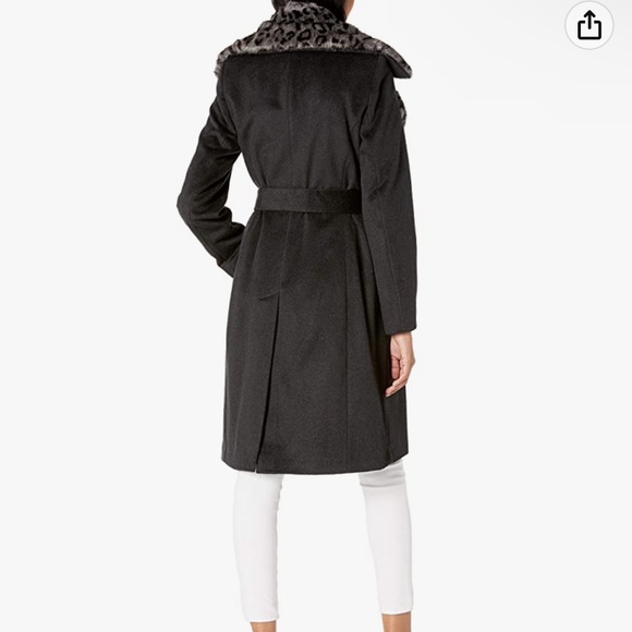 Via Spiga Belted Wool Coat With Grey Faux Fur Trim Size L - Picture 2 of 12